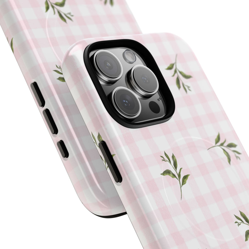Pink Gingham with Green Leaves phone case | Tough Magnetic Cases