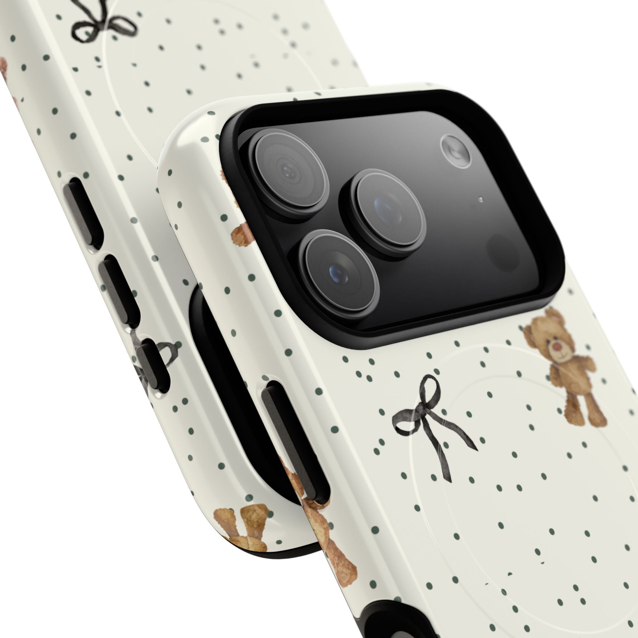 Teddy Bear Pattern Phone Case | Magnetic Tough Case, Polka Dot Bow Design