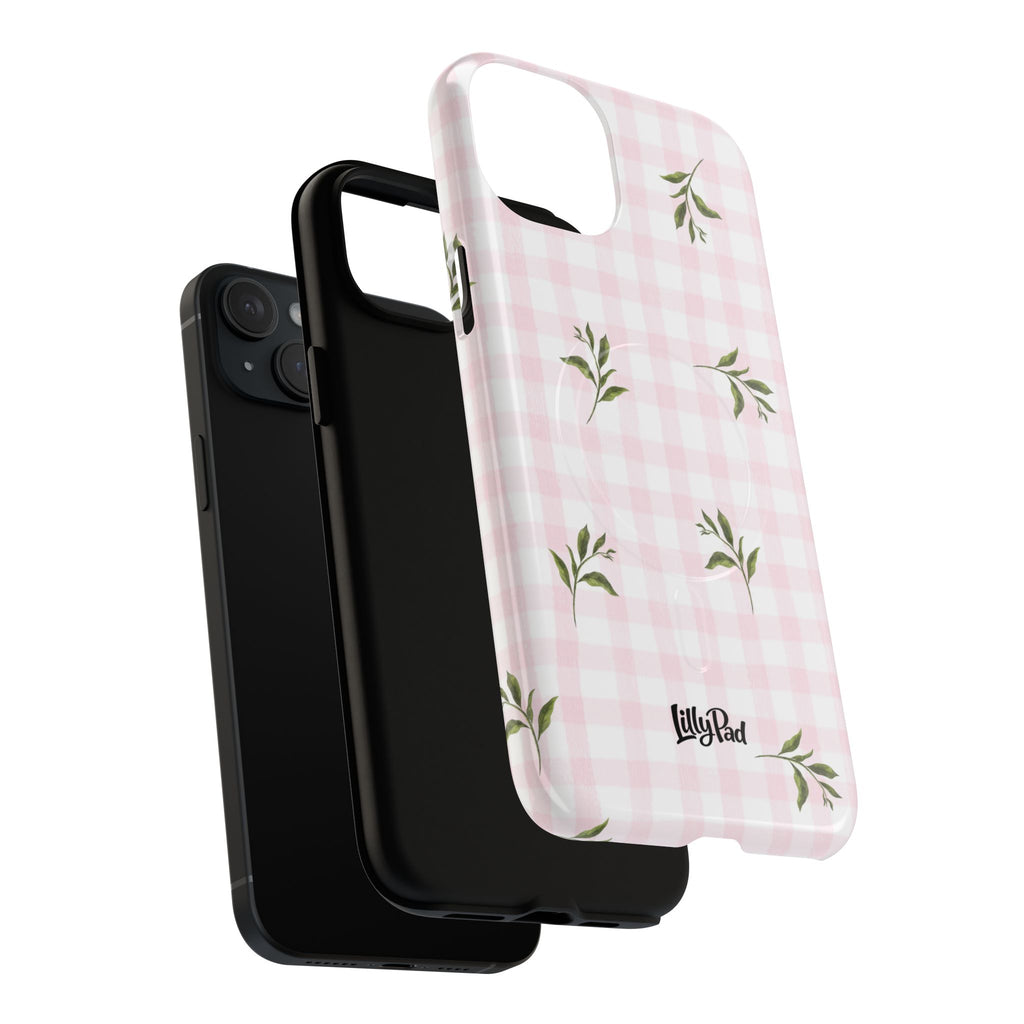 Pink Gingham with Green Leaves phone case | Tough Magnetic Cases