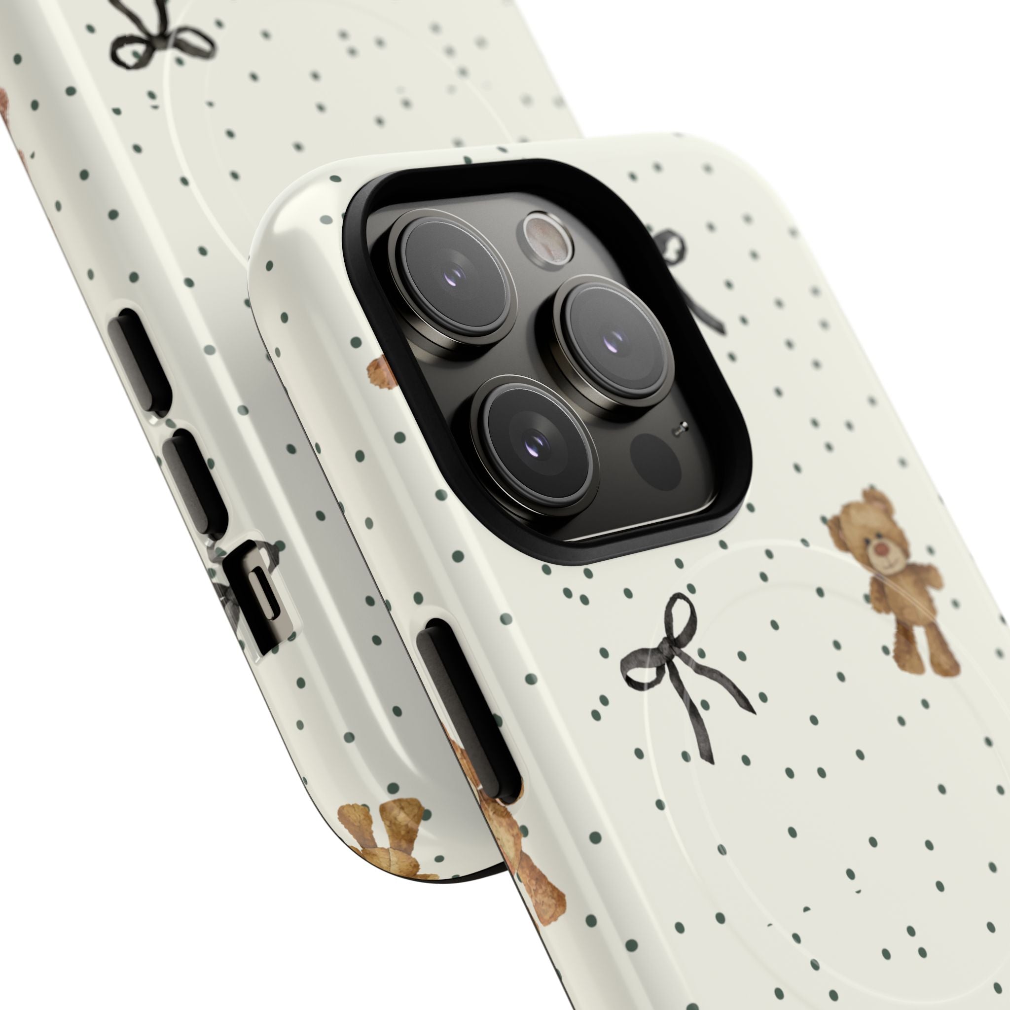 Teddy Bear Pattern Phone Case | Magnetic Tough Case, Polka Dot Bow Design