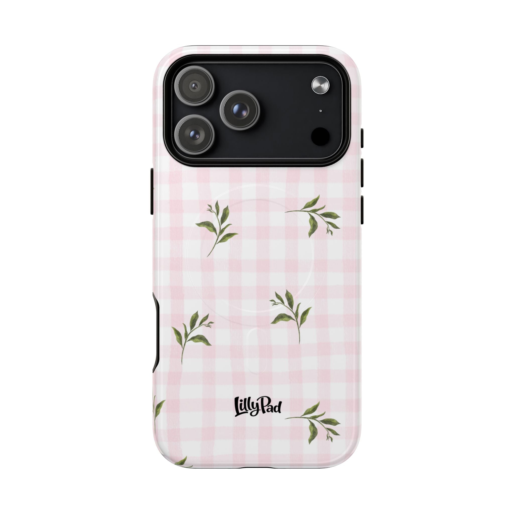 Pink Gingham with Green Leaves phone case | Tough Magnetic Cases