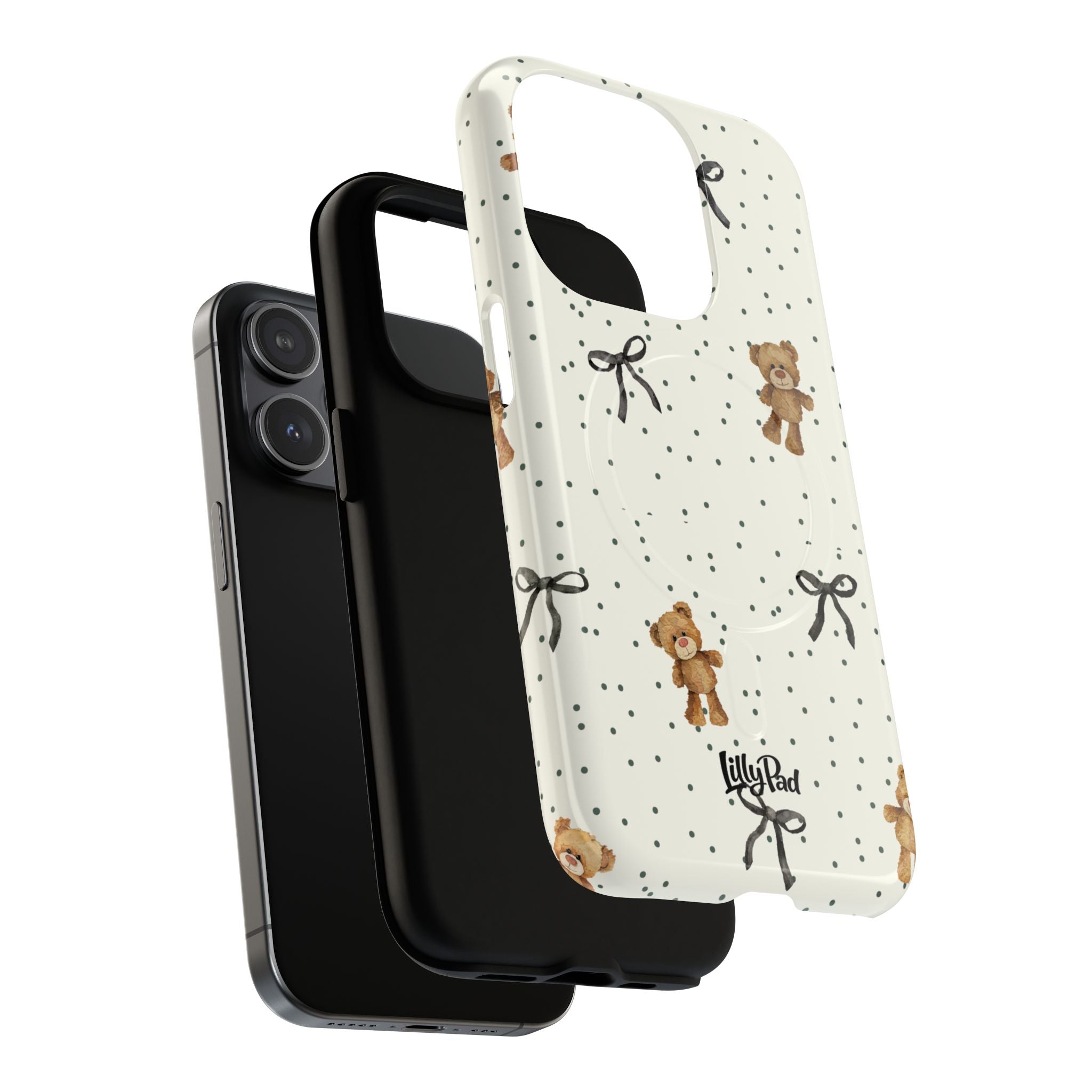 Teddy Bear Pattern Phone Case | Magnetic Tough Case, Polka Dot Bow Design