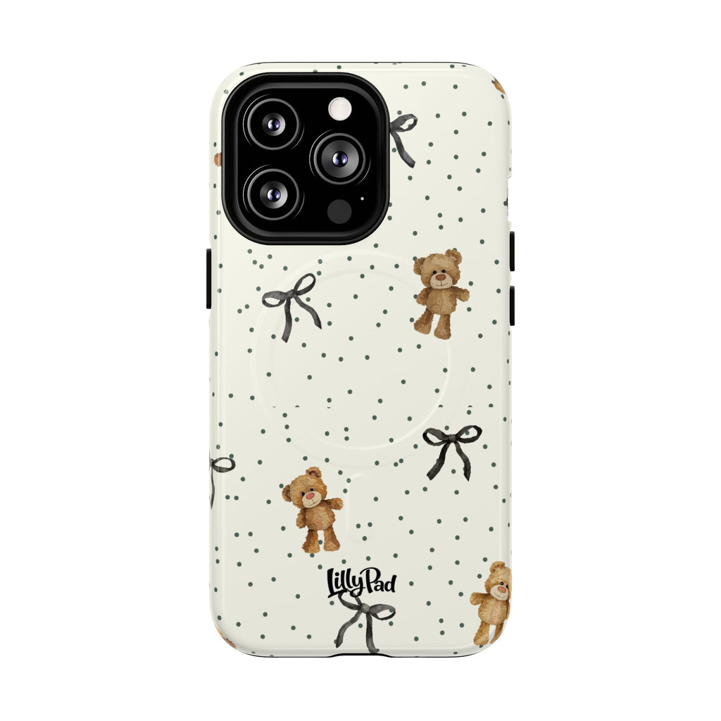 Teddy Bear Pattern Phone Case | Magnetic Tough Case, Polka Dot Bow Design
