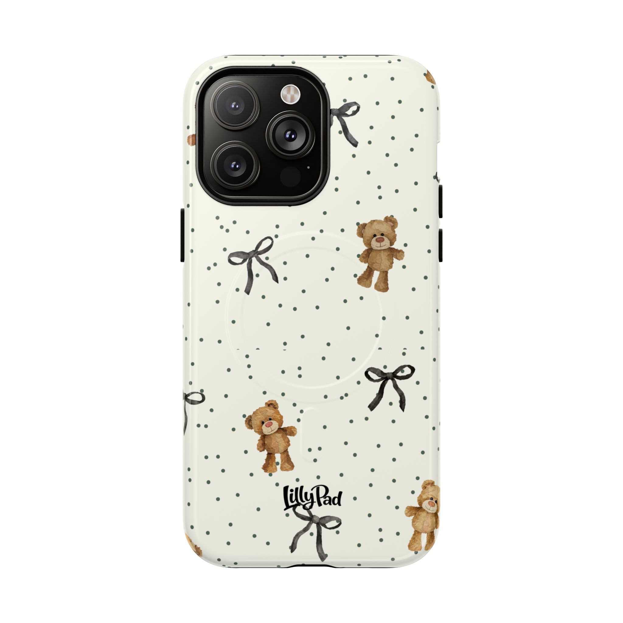 Teddy Bear Pattern Phone Case | Magnetic Tough Case, Polka Dot Bow Design
