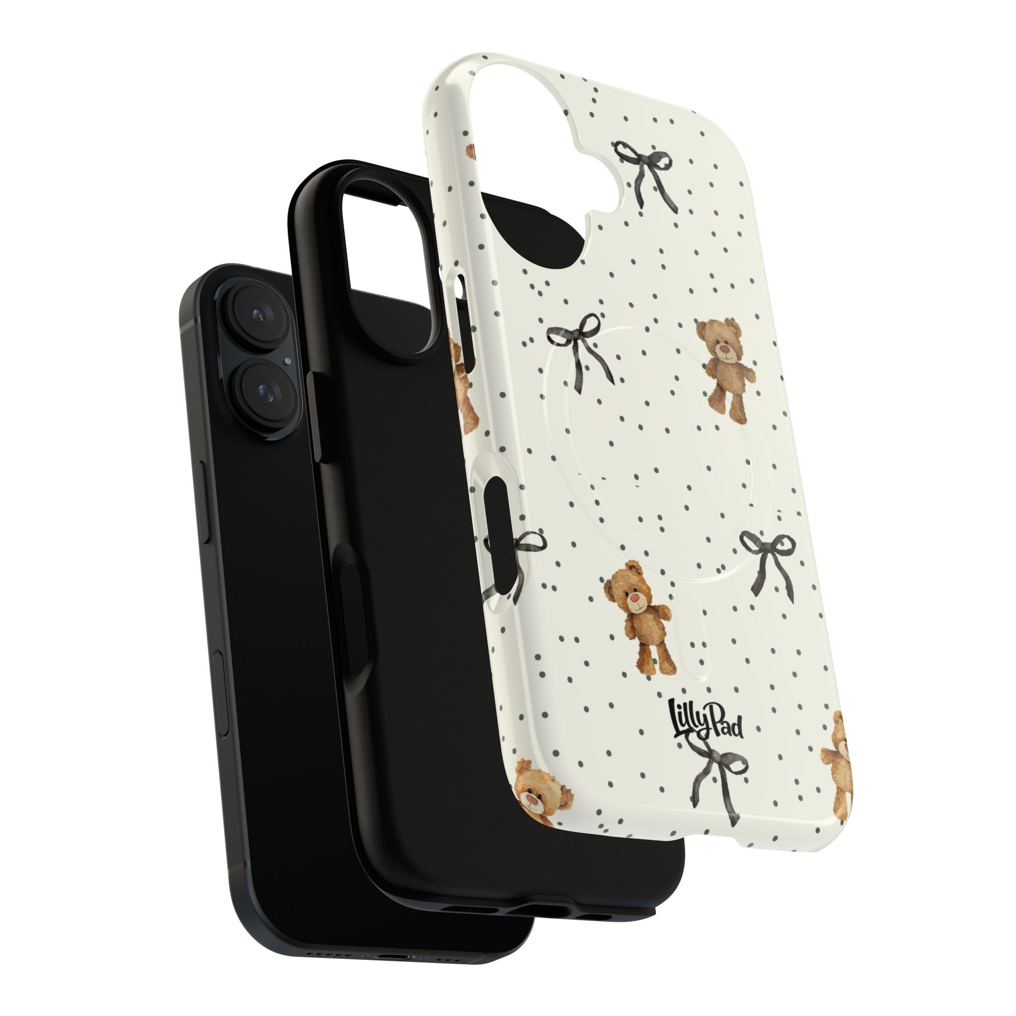 Teddy Bear Pattern Phone Case | Magnetic Tough Case, Polka Dot Bow Design