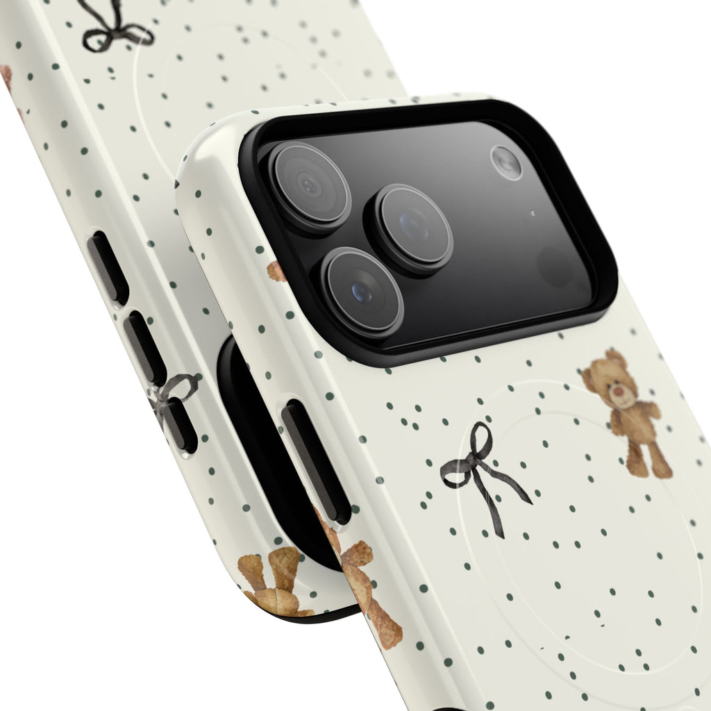 Teddy Bear Pattern Phone Case | Magnetic Tough Case, Polka Dot Bow Design