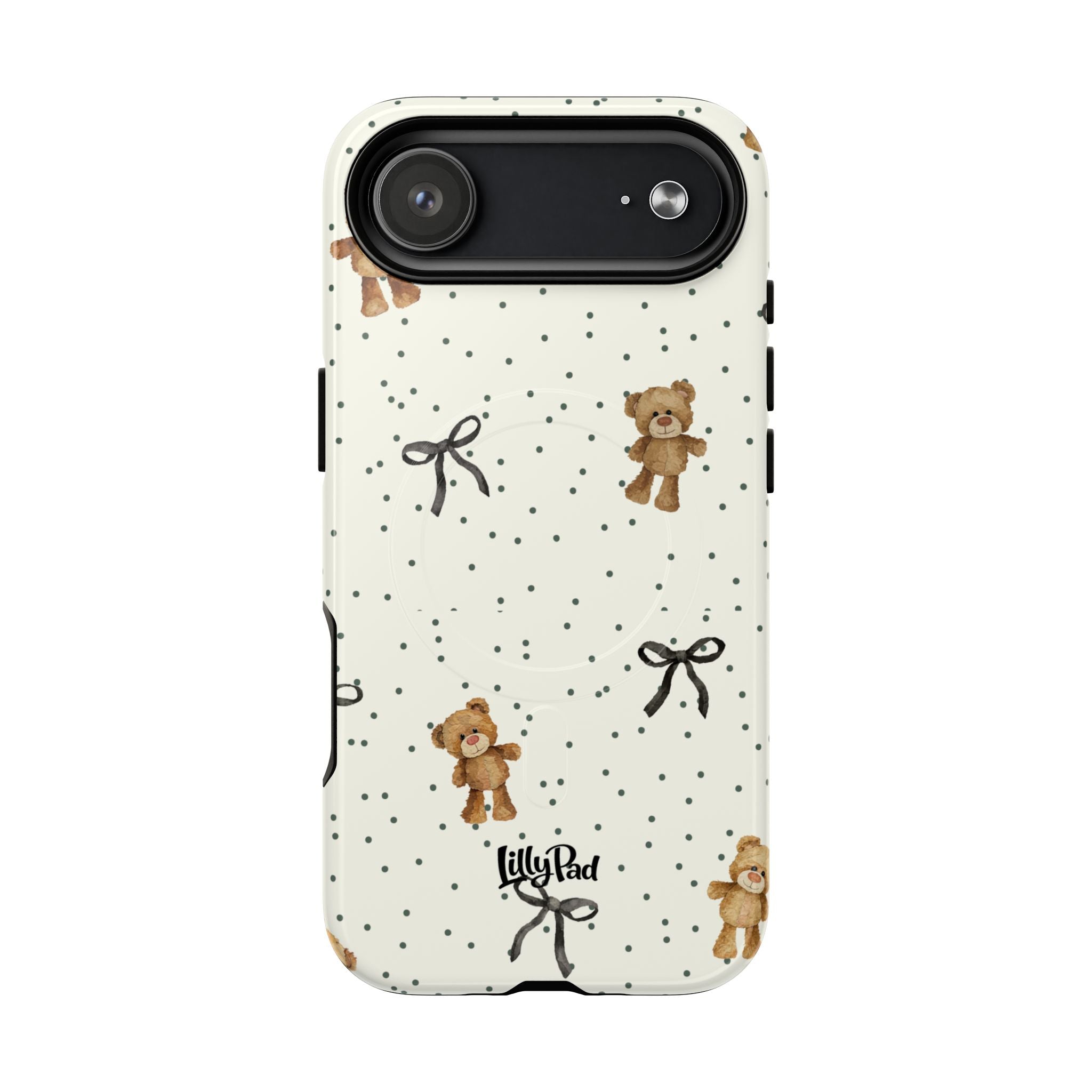 Teddy Bear Pattern Phone Case | Magnetic Tough Case, Polka Dot Bow Design