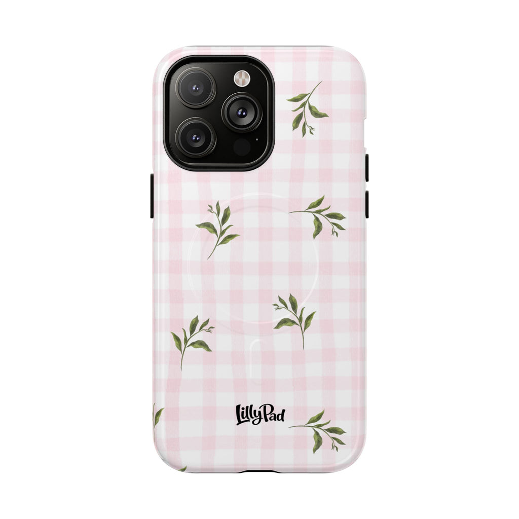 Pink Gingham with Green Leaves phone case | Tough Magnetic Cases