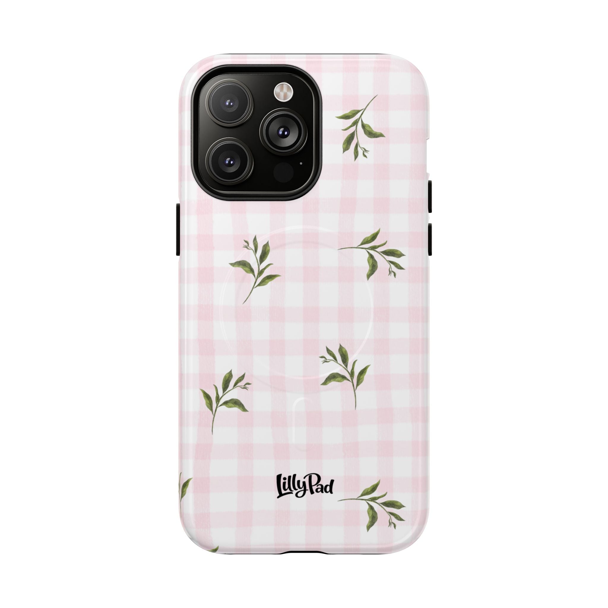 Pink Gingham with Green Leaves phone case | Tough Magnetic Cases