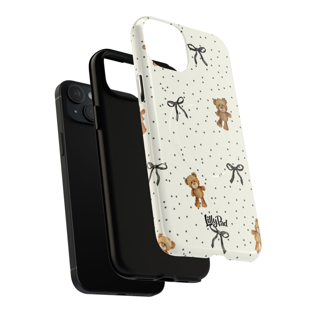 Teddy Bear Pattern Phone Case | Magnetic Tough Case, Polka Dot Bow Design