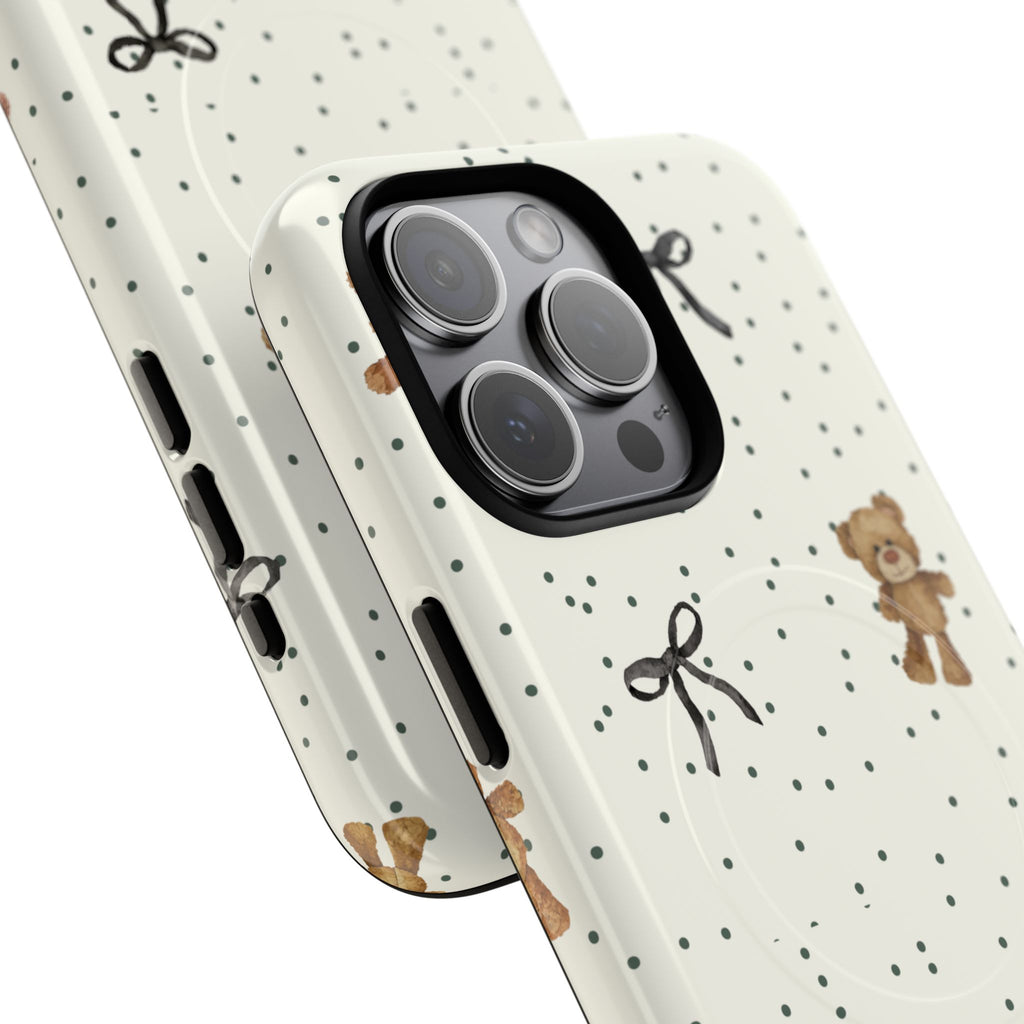 Teddy Bear Pattern Phone Case | Magnetic Tough Case, Polka Dot Bow Design