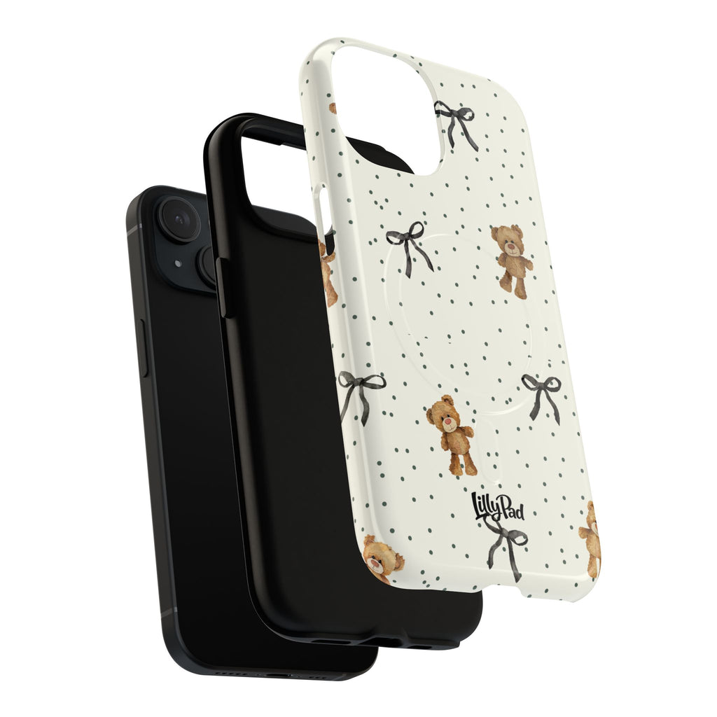 Teddy Bear Pattern Phone Case | Magnetic Tough Case, Polka Dot Bow Design