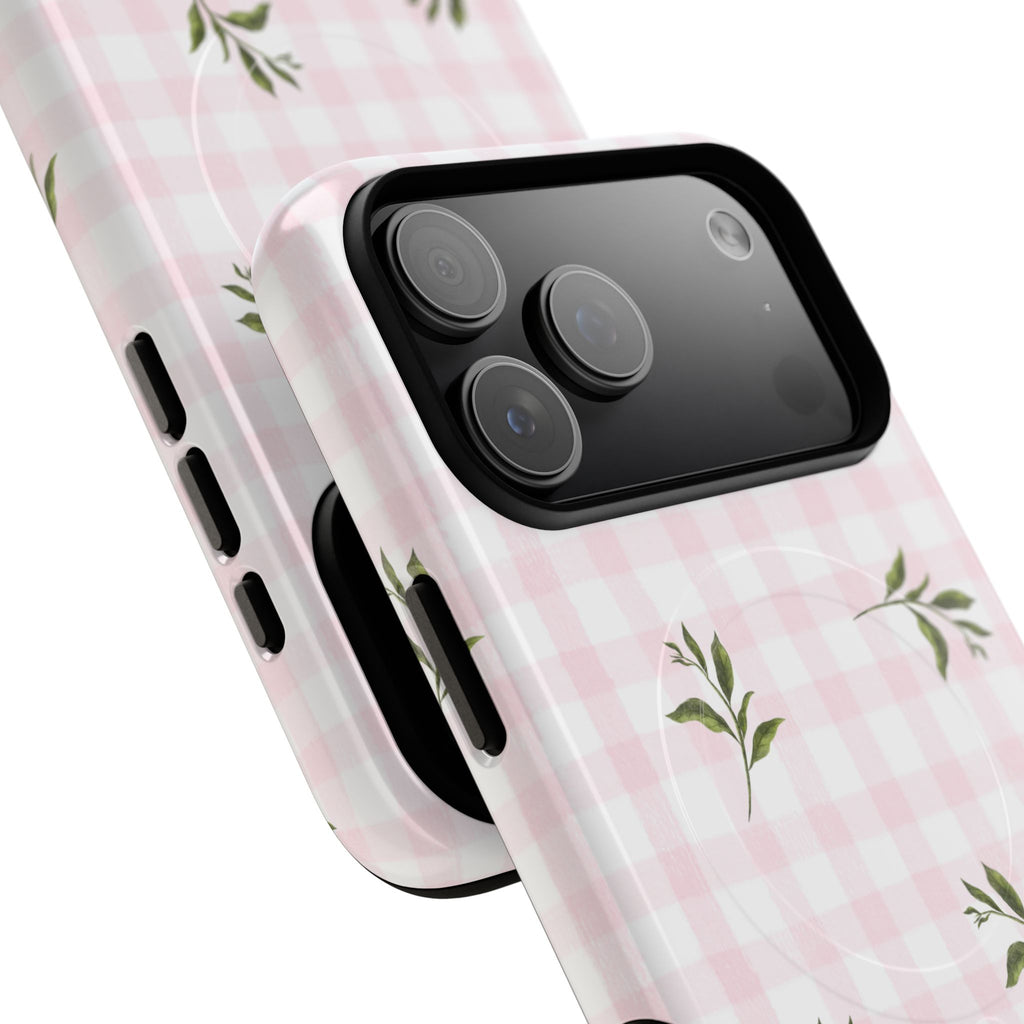 Pink Gingham with Green Leaves phone case | Tough Magnetic Cases