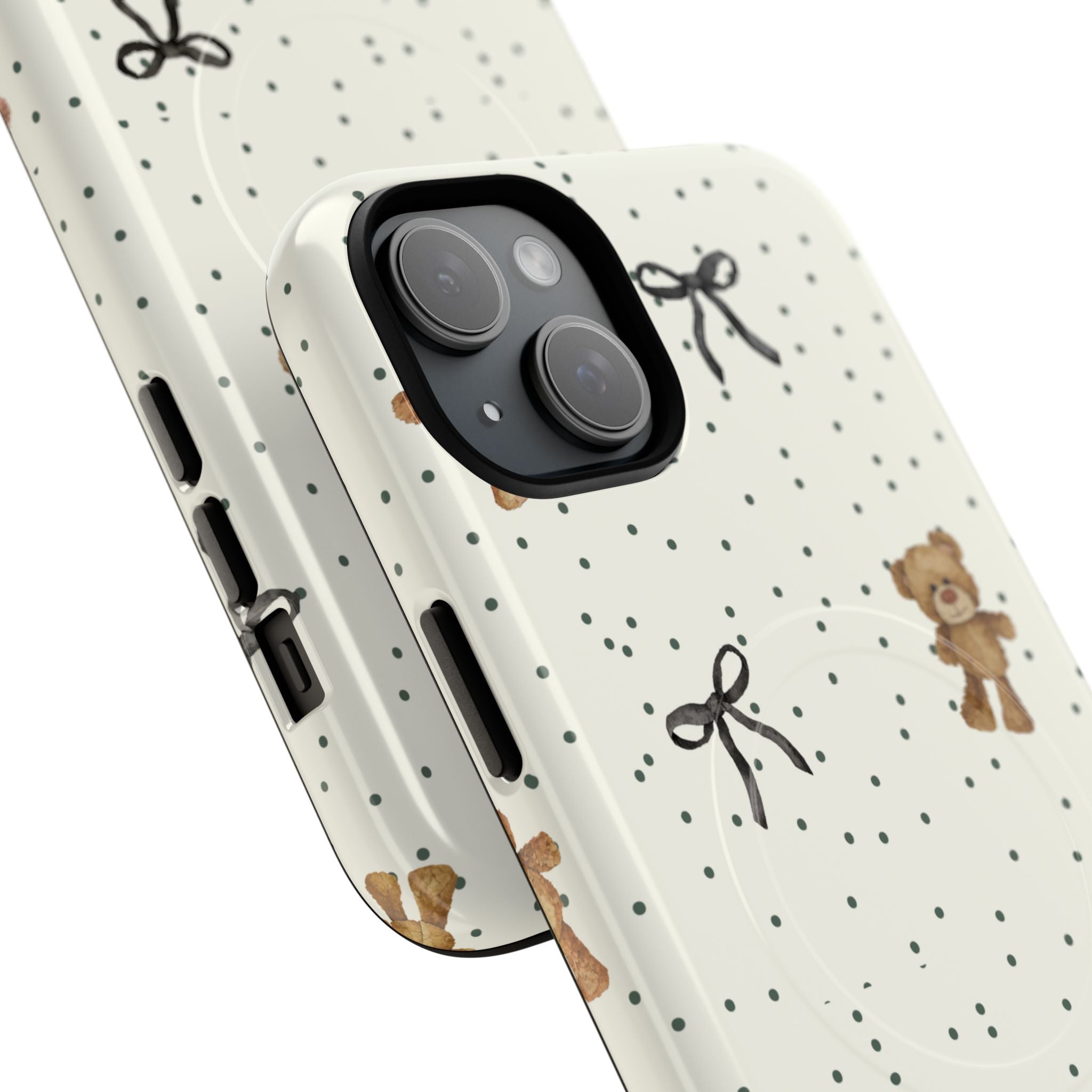 Teddy Bear Pattern Phone Case | Magnetic Tough Case, Polka Dot Bow Design