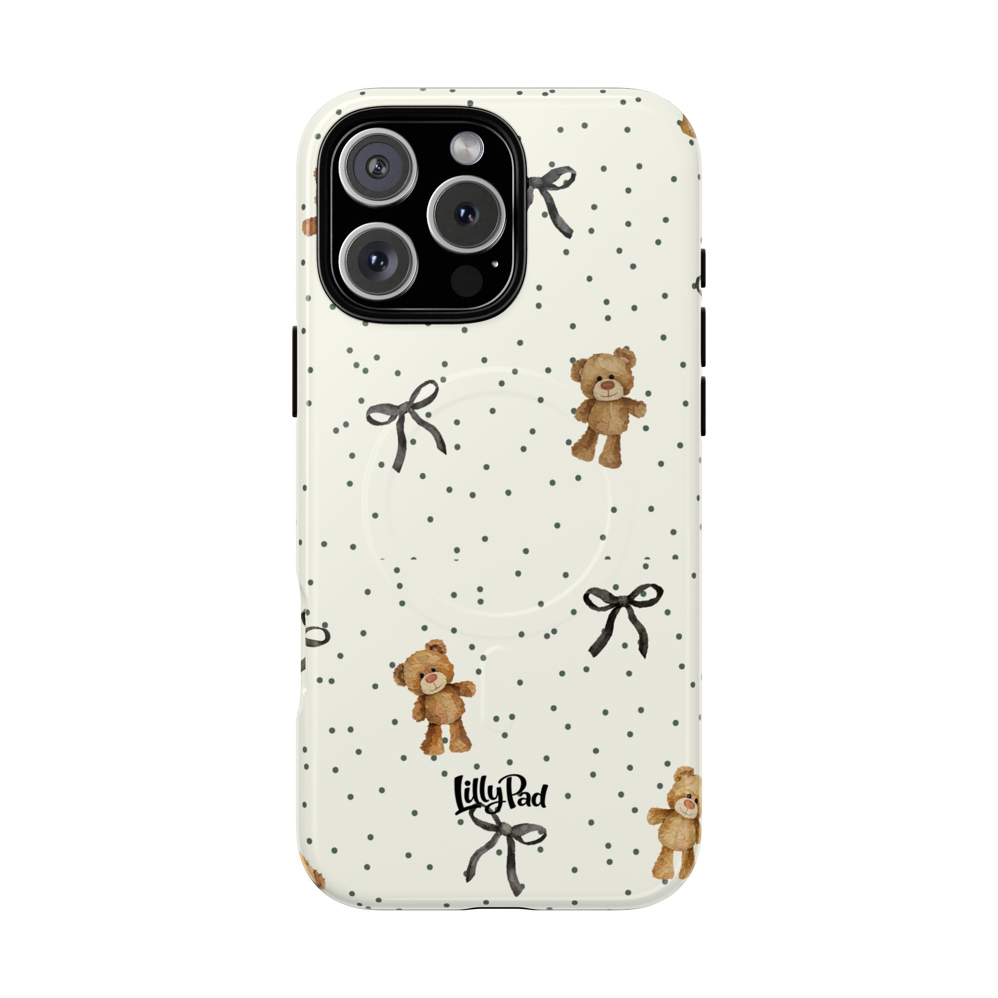 Teddy Bear Pattern Phone Case | Magnetic Tough Case, Polka Dot Bow Design