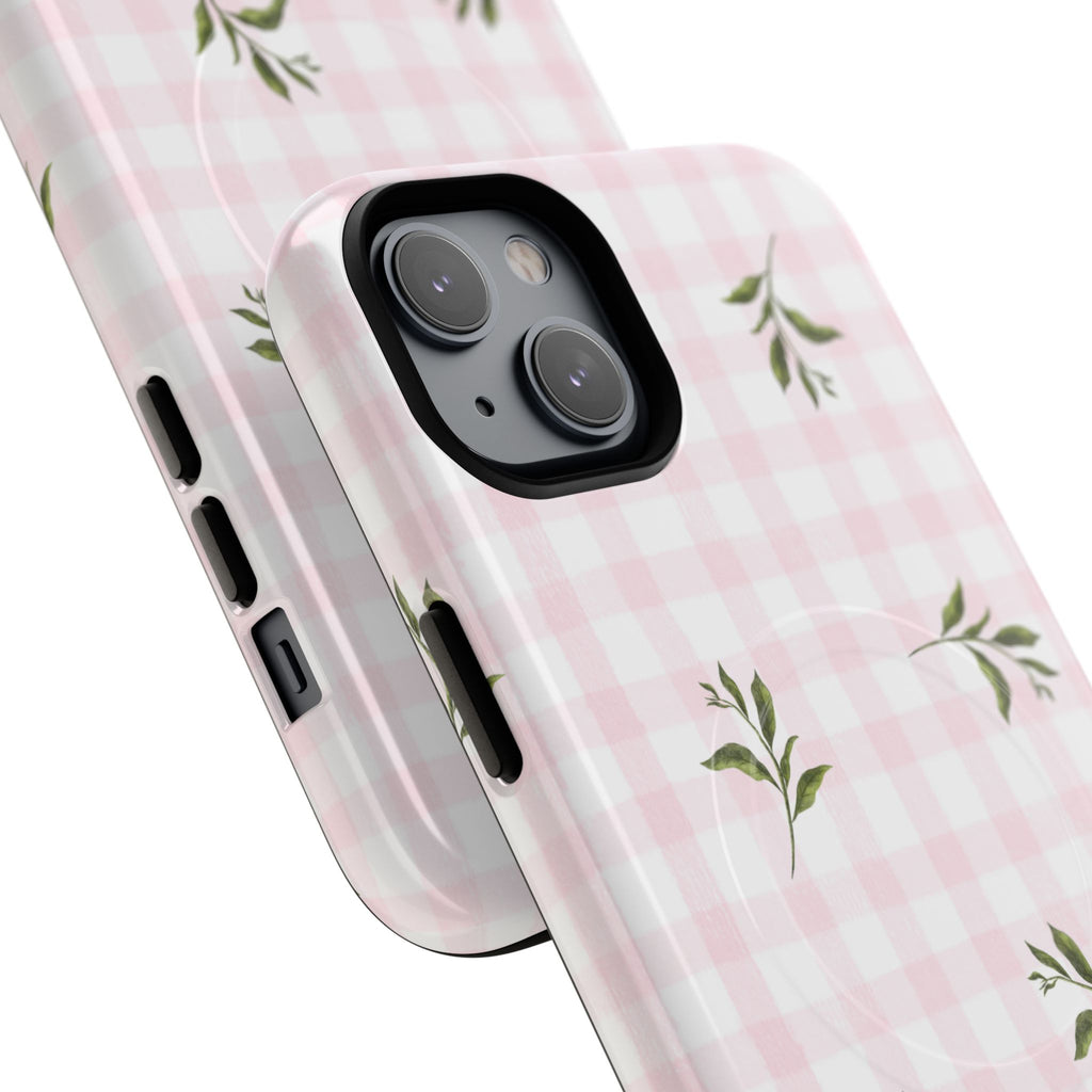 Pink Gingham with Green Leaves phone case | Tough Magnetic Cases
