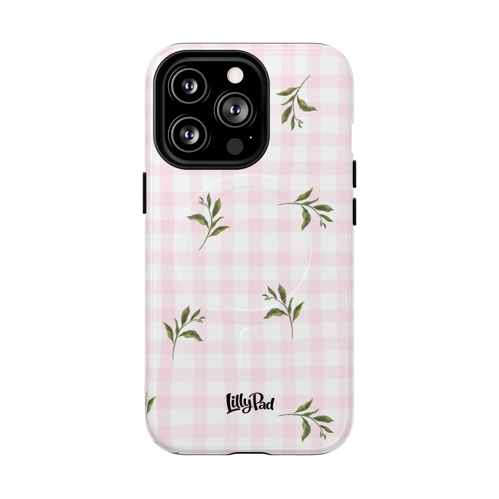 Pink Gingham with Green Leaves phone case | Tough Magnetic Cases