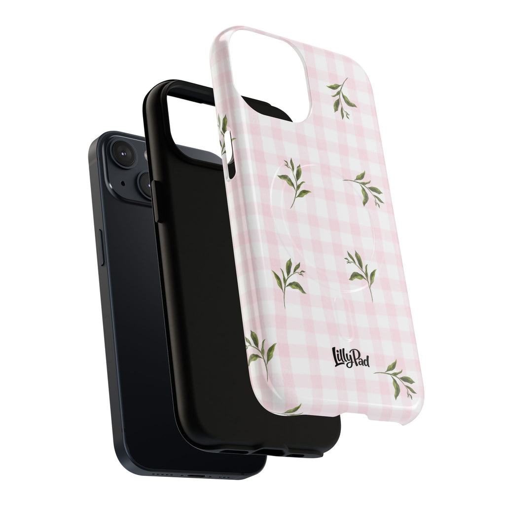Pink Gingham with Green Leaves phone case | Tough Magnetic Cases