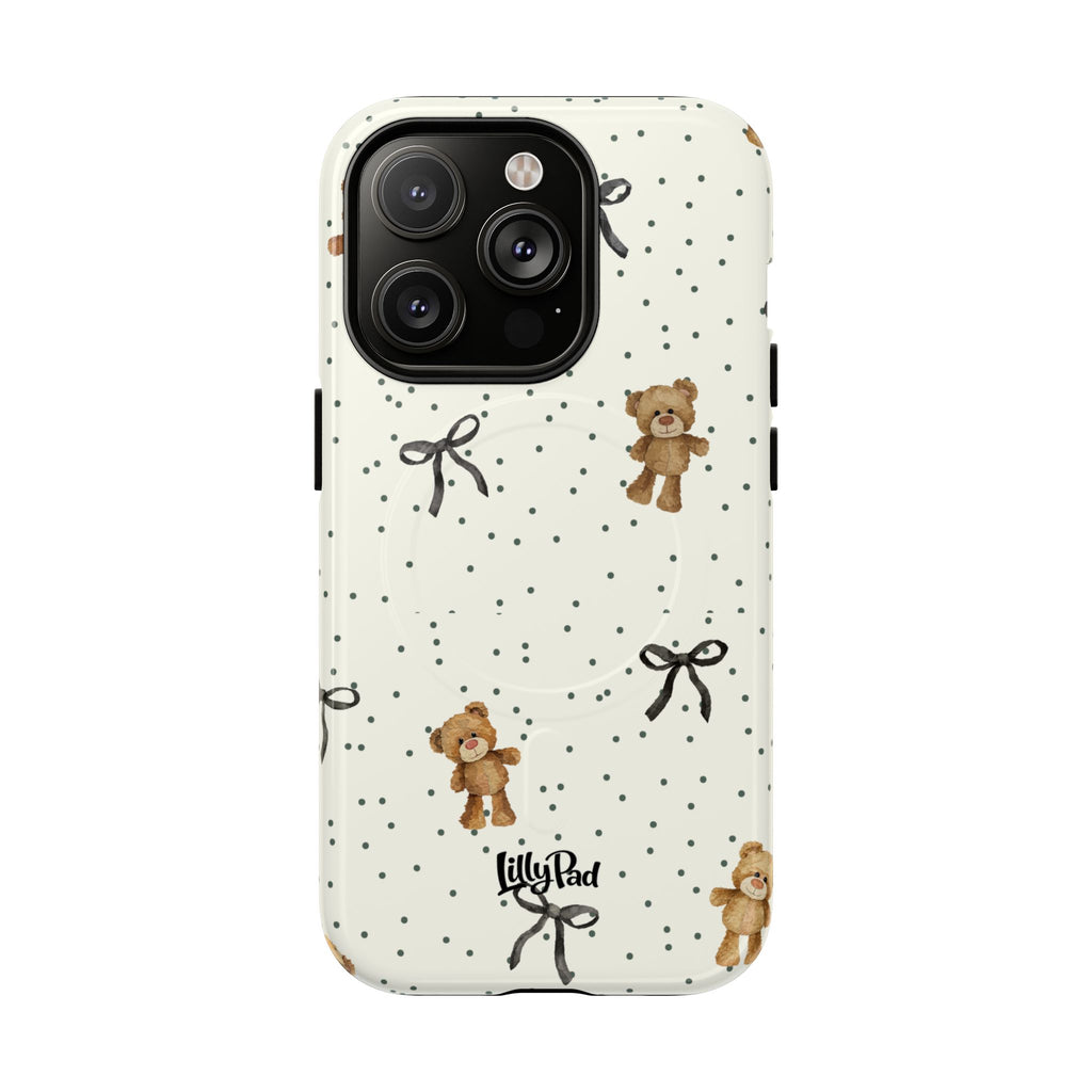 Teddy Bear Pattern Phone Case | Magnetic Tough Case, Polka Dot Bow Design