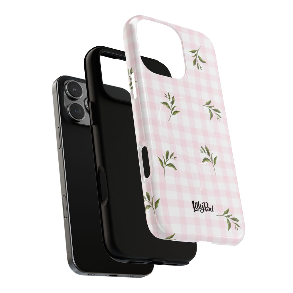 Pink Gingham with Green Leaves phone case | Tough Magnetic Cases