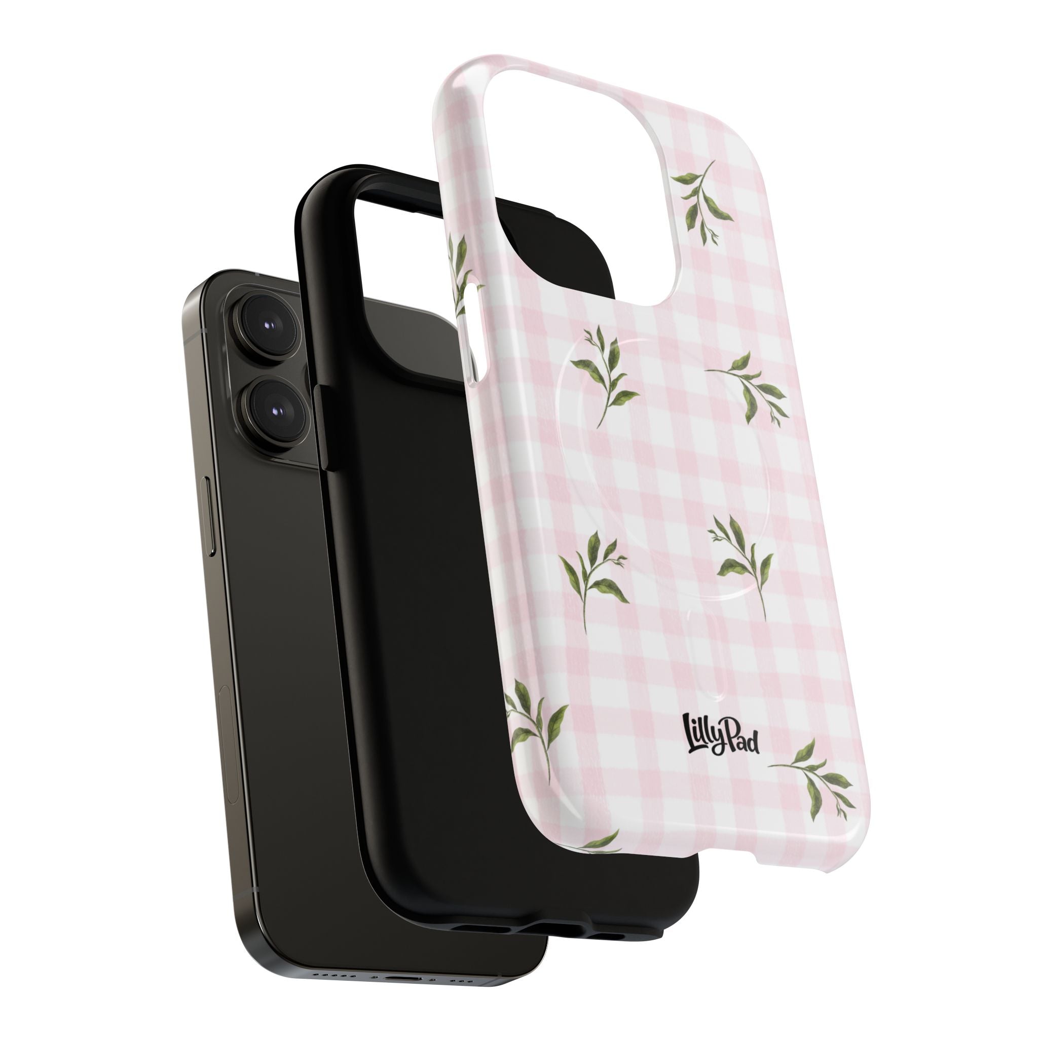 Pink Gingham with Green Leaves phone case | Tough Magnetic Cases