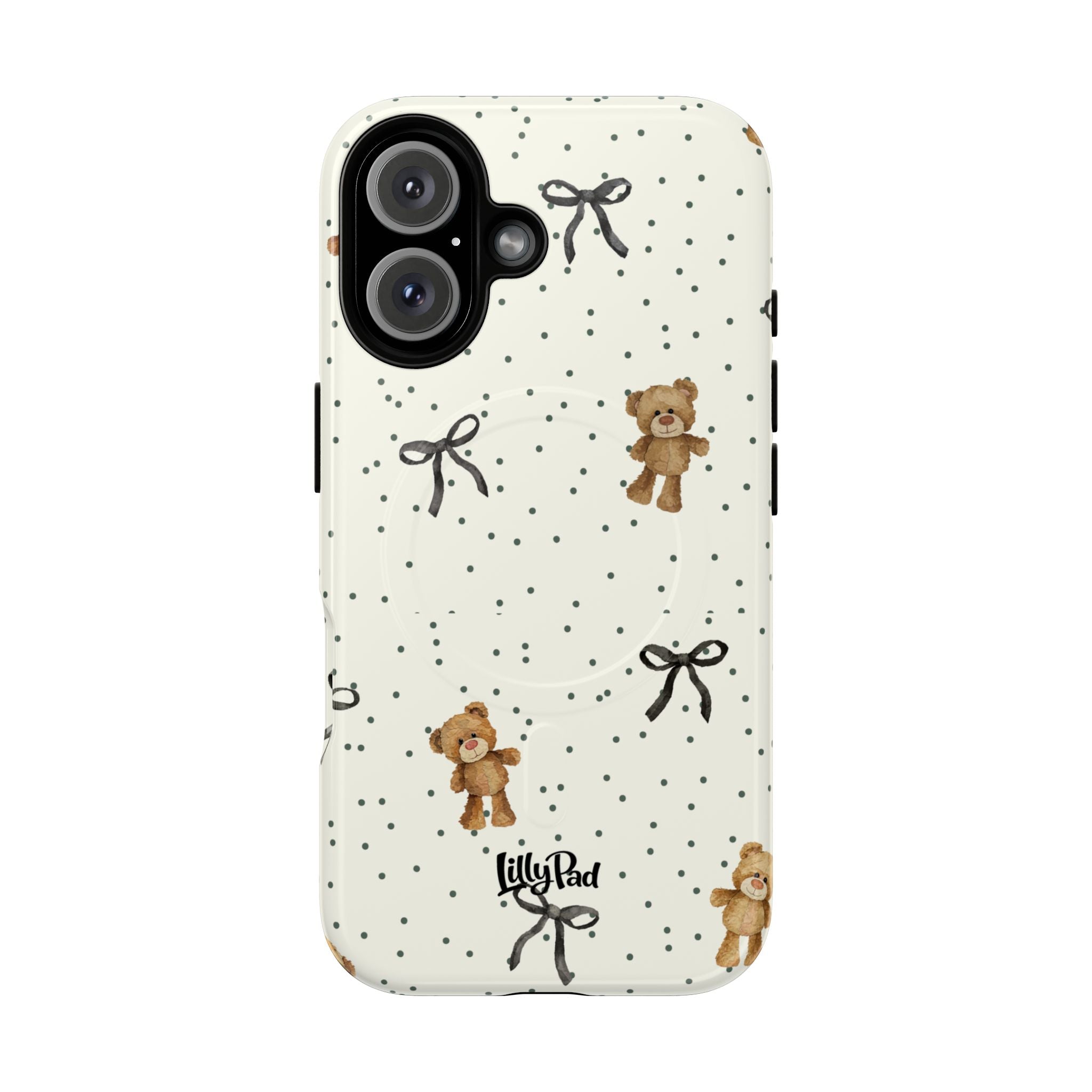 Teddy Bear Pattern Phone Case | Magnetic Tough Case, Polka Dot Bow Design