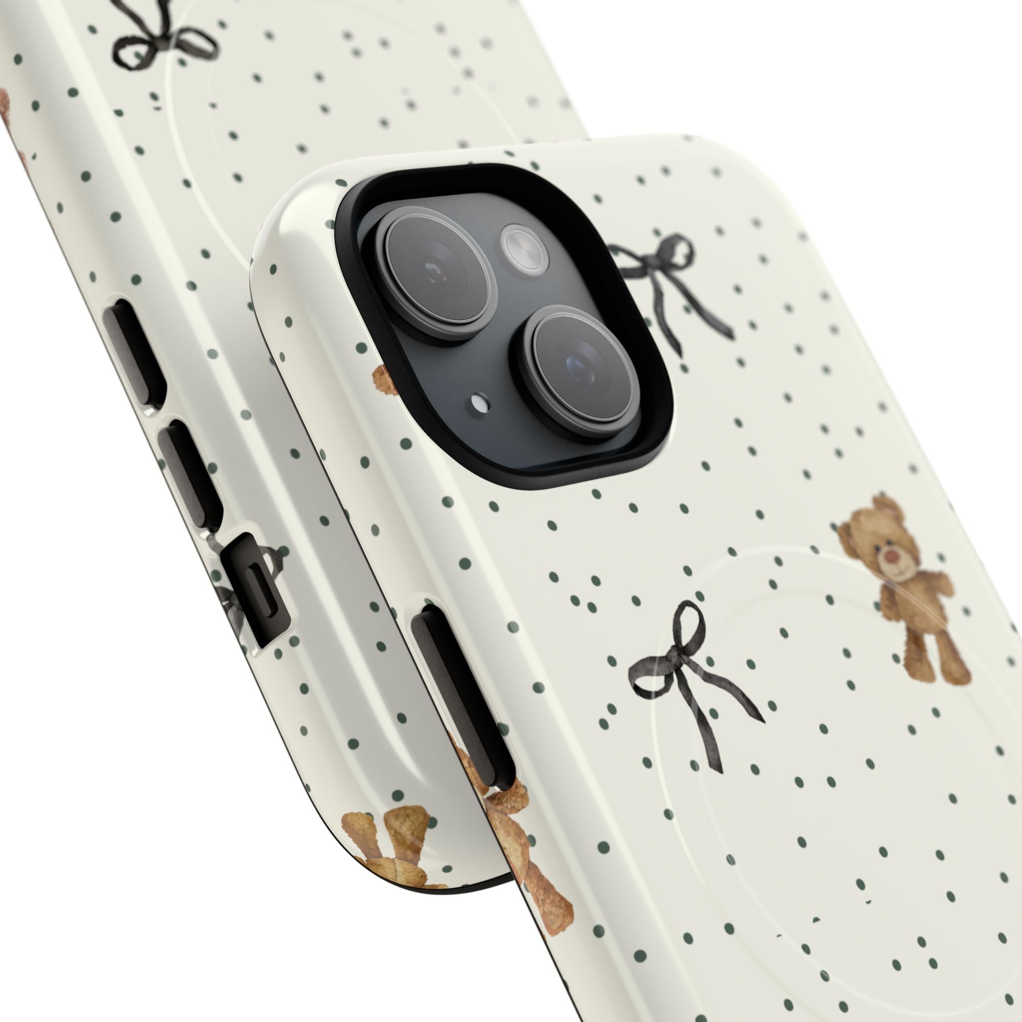 Teddy Bear Pattern Phone Case | Magnetic Tough Case, Polka Dot Bow Design