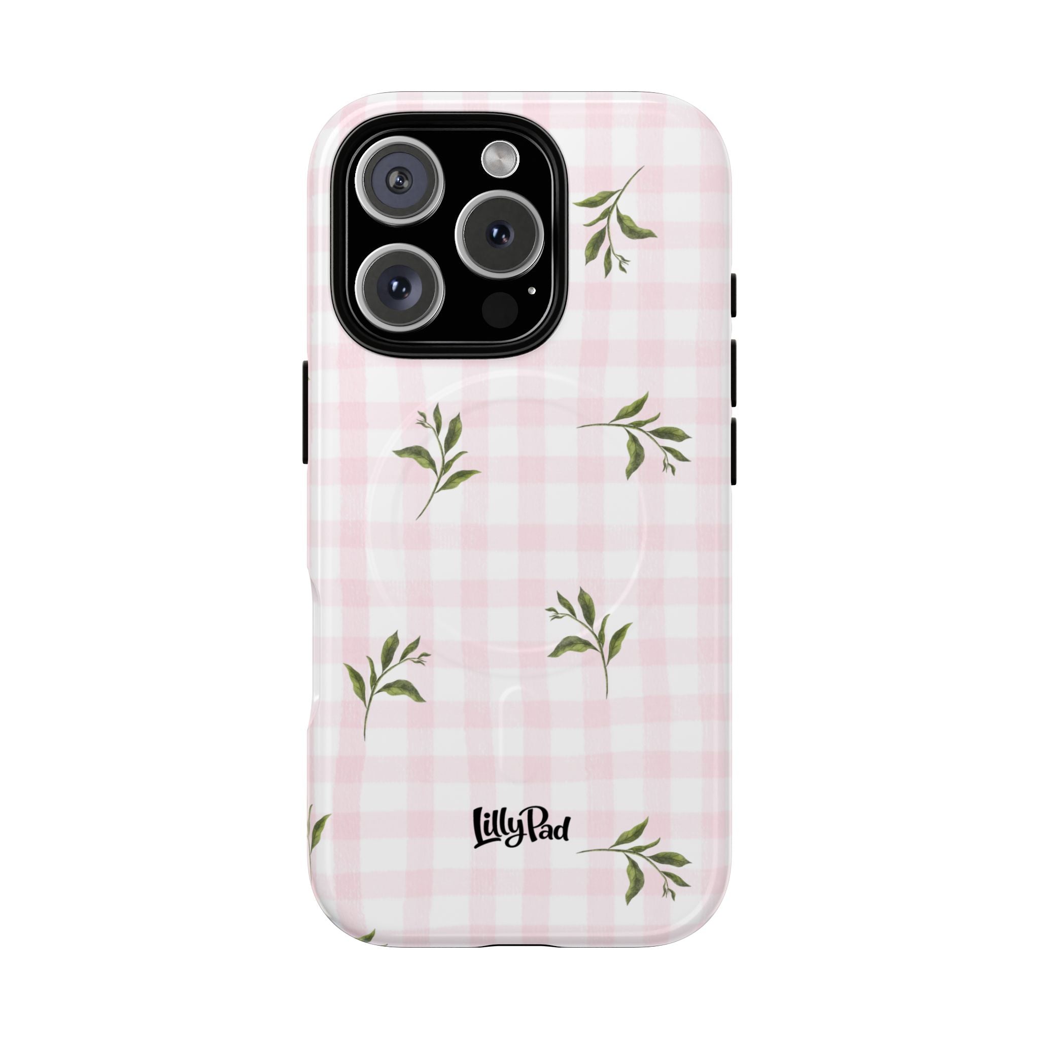 Pink Gingham with Green Leaves phone case | Tough Magnetic Cases