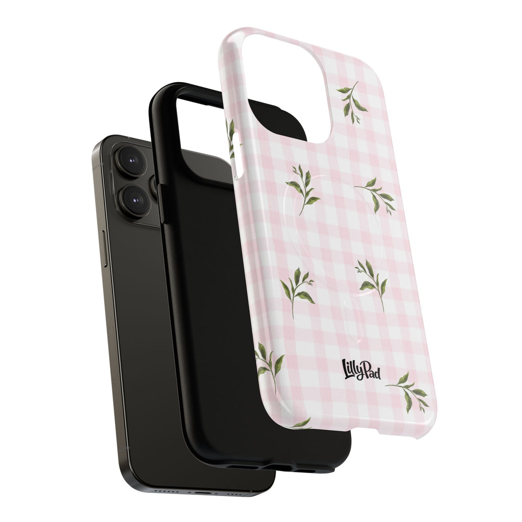 Pink Gingham with Green Leaves phone case | Tough Magnetic Cases
