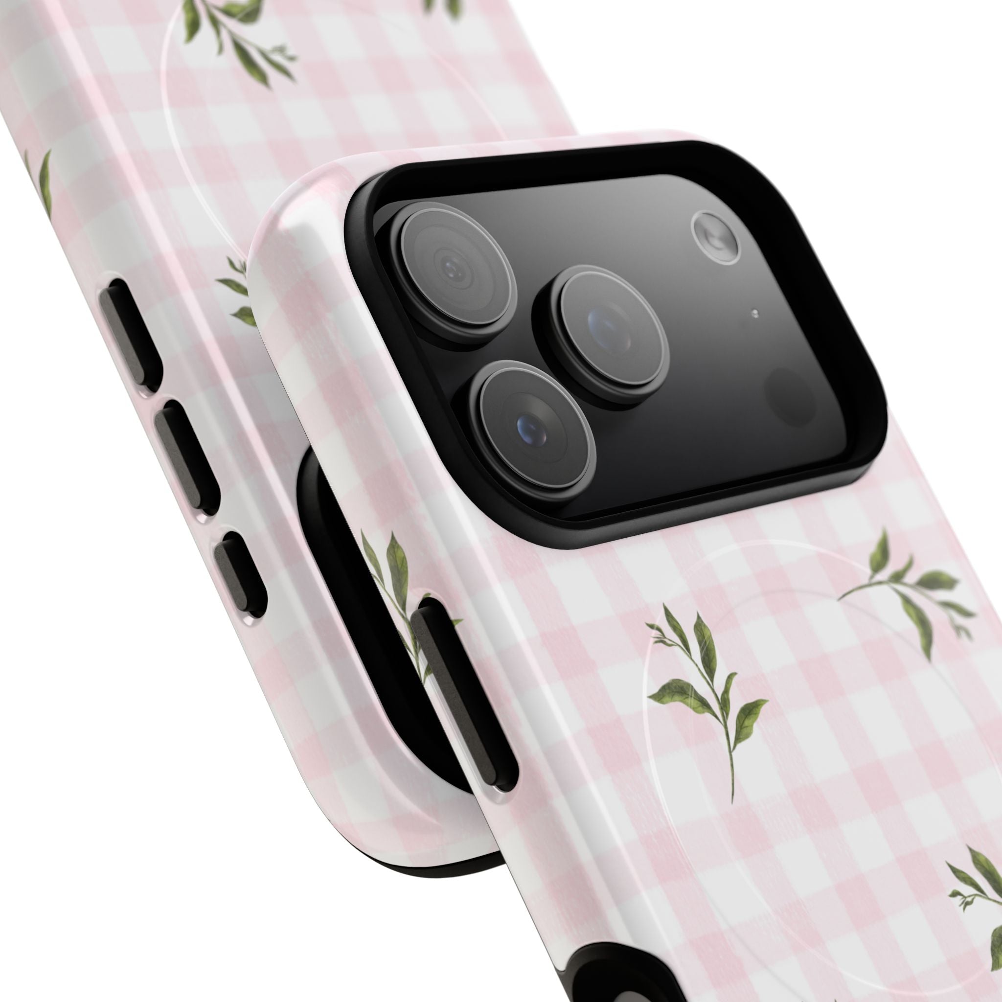 Pink Gingham with Green Leaves phone case | Tough Magnetic Cases