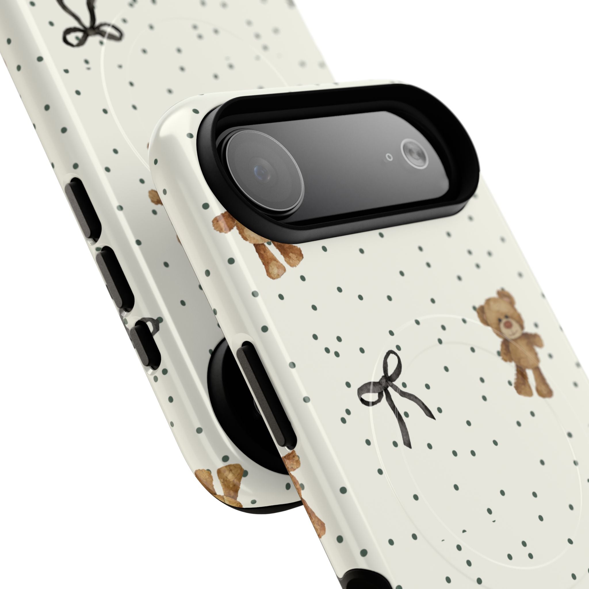 Teddy Bear Pattern Phone Case | Magnetic Tough Case, Polka Dot Bow Design