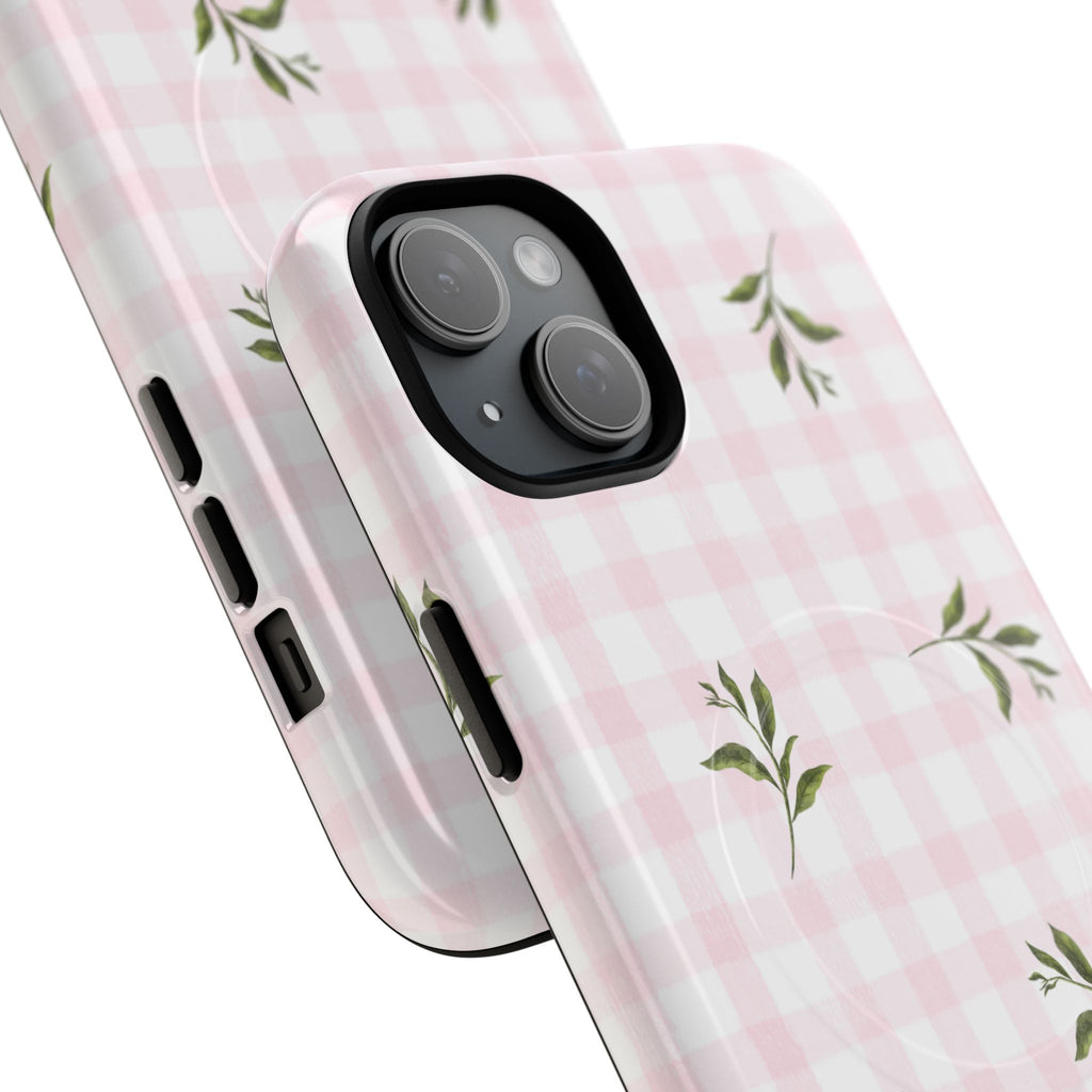 Pink Gingham with Green Leaves phone case | Tough Magnetic Cases