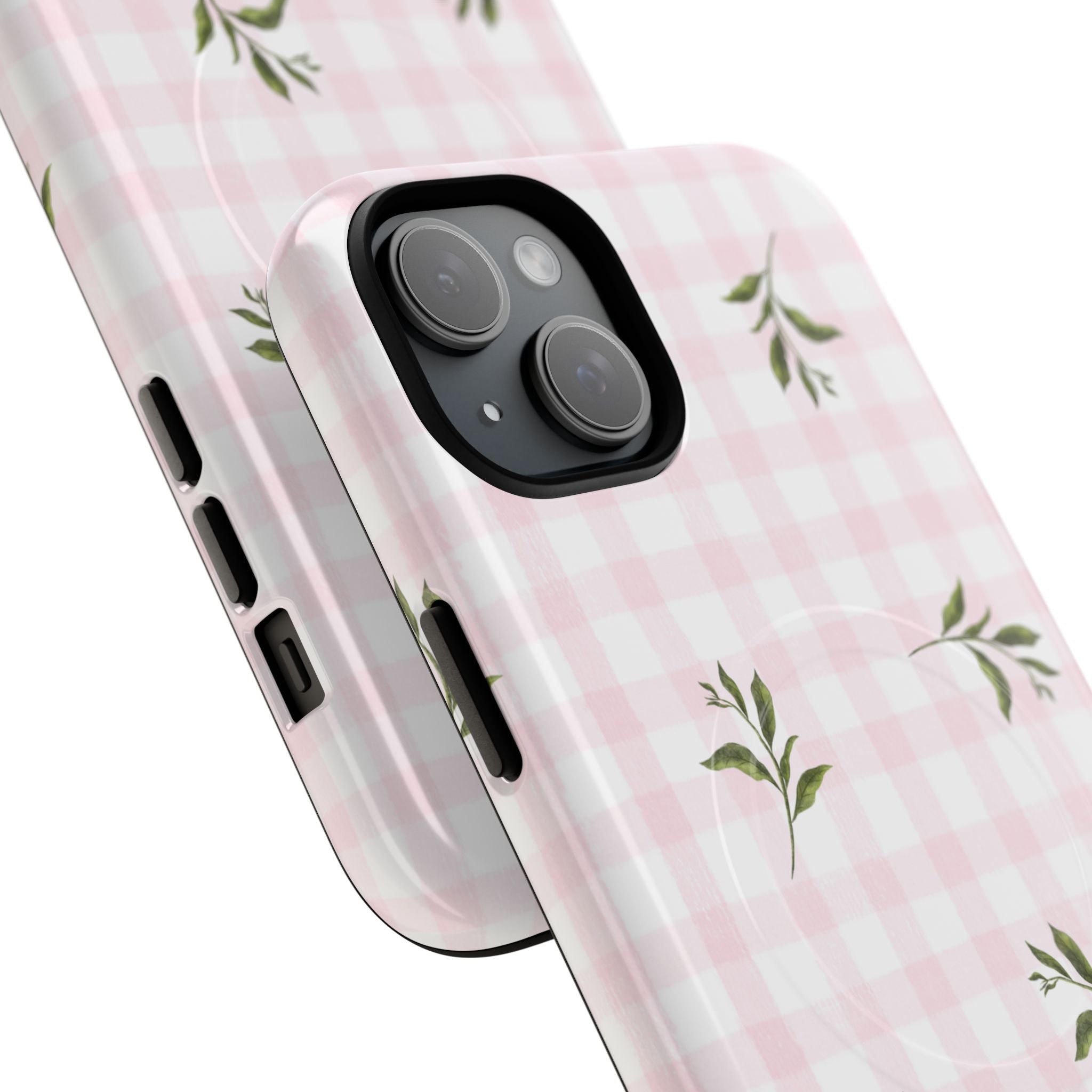 Pink Gingham with Green Leaves phone case | Tough Magnetic Cases