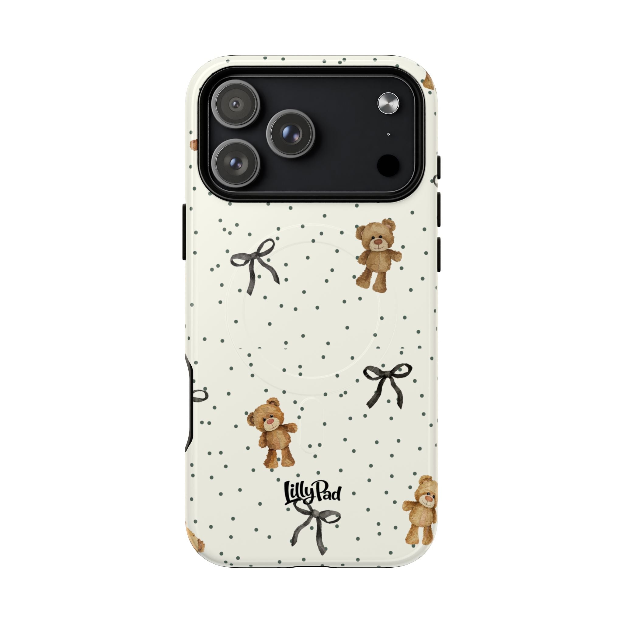 Teddy Bear Pattern Phone Case | Magnetic Tough Case, Polka Dot Bow Design