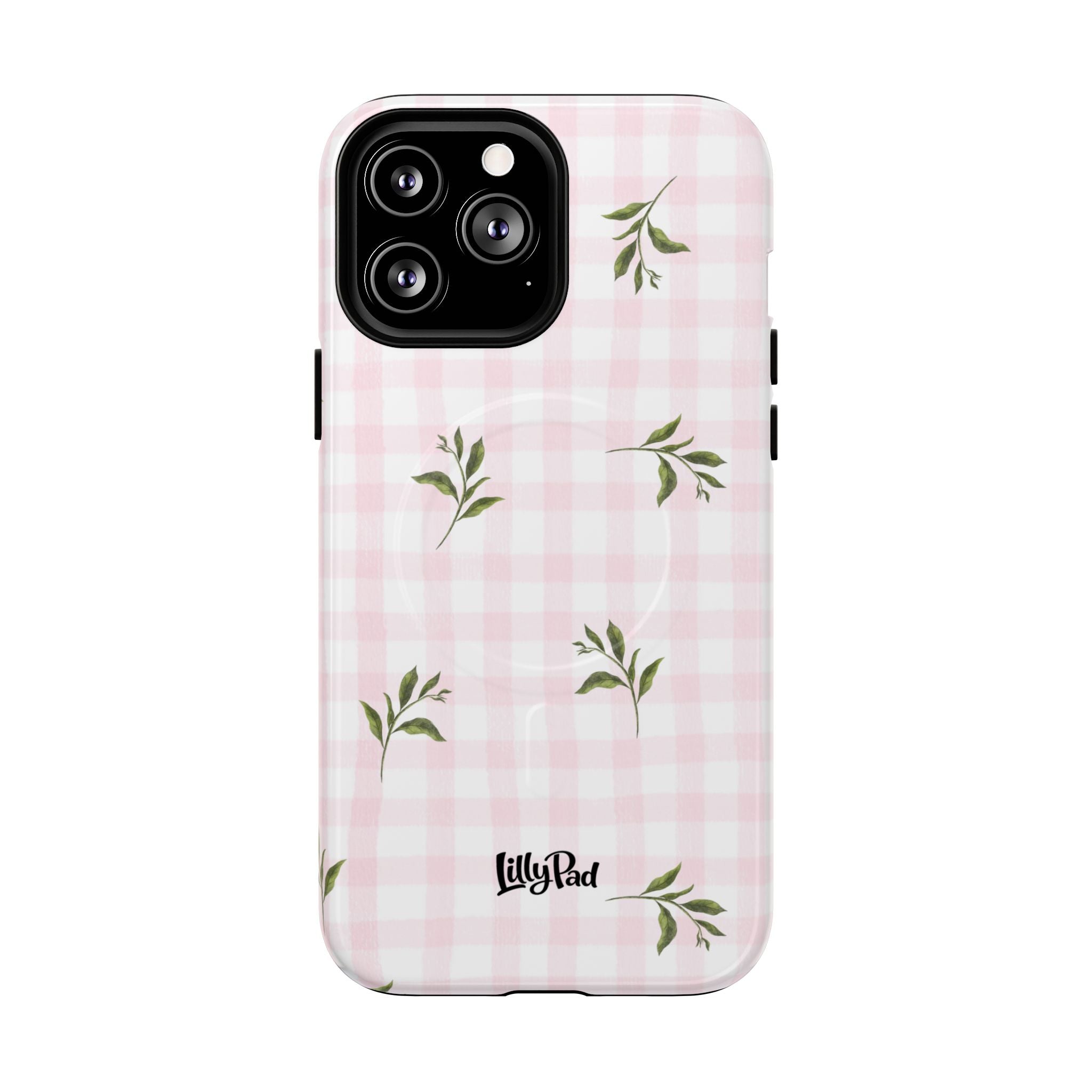 Pink Gingham with Green Leaves phone case | Tough Magnetic Cases