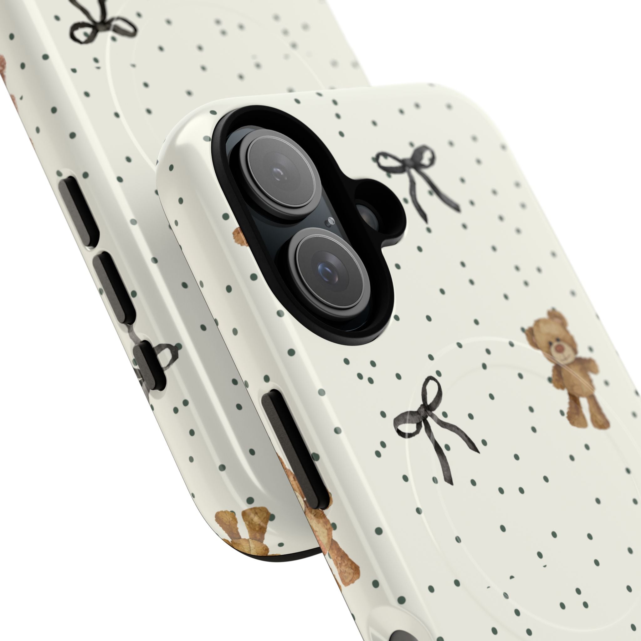 Teddy Bear Pattern Phone Case | Magnetic Tough Case, Polka Dot Bow Design