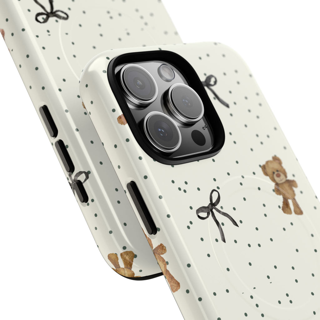 Teddy Bear Pattern Phone Case | Magnetic Tough Case, Polka Dot Bow Design