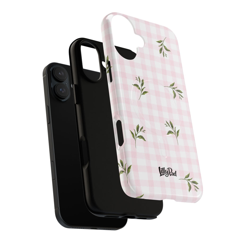 Pink Gingham with Green Leaves phone case | Tough Magnetic Cases