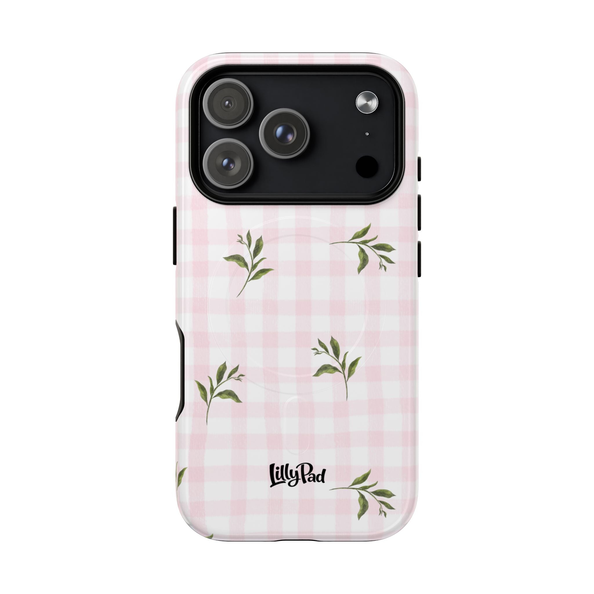 Pink Gingham with Green Leaves phone case | Tough Magnetic Cases